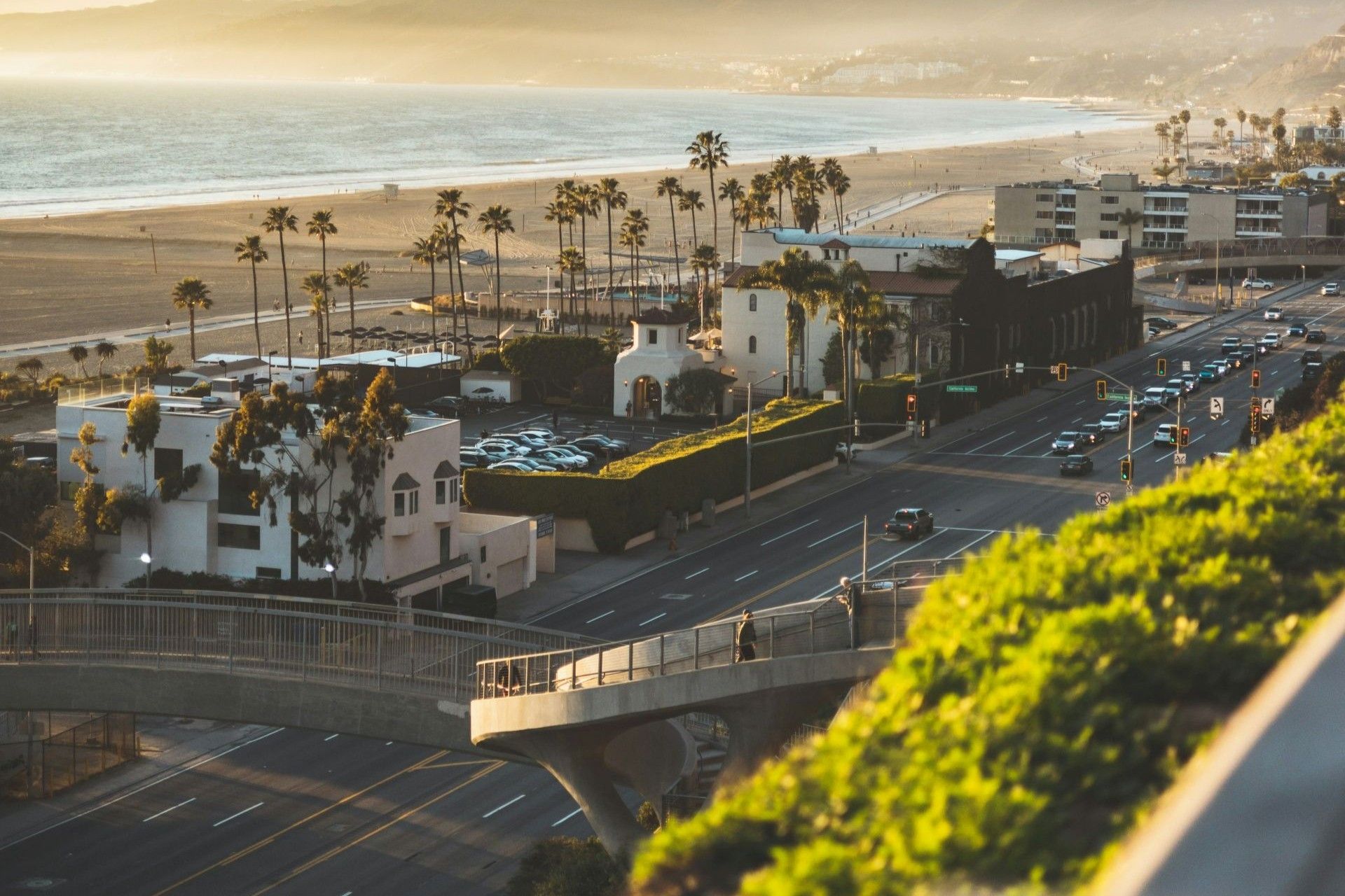 A street with a pedestrian bridge in Santa Monica